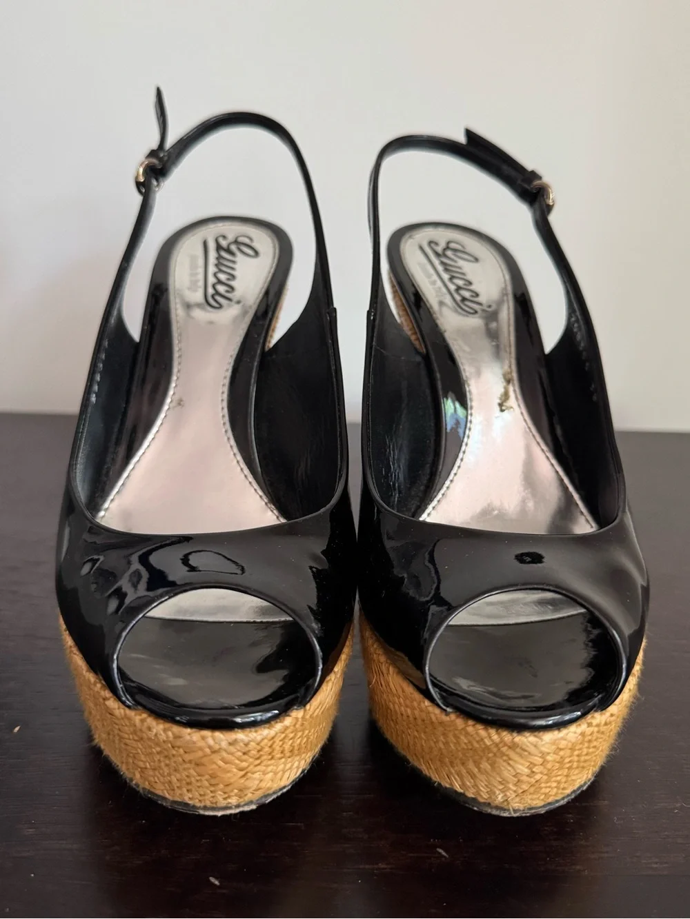 Gucci Black Patent Open Toe Wedges